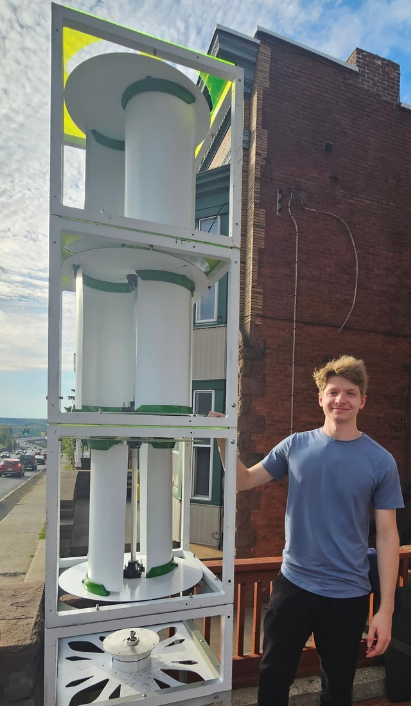 Assembled Gridleaf modular wind turbine on a rooftop deck